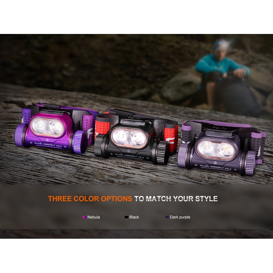 Fenix HM65RTV20BLC- LED Pritemdomas įkraunamas galvos žibintas LED/USB/2xCR123A IP68 3400 mAh juoda/oranžinė