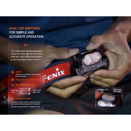 Fenix HM65RTV20BLC- LED Pritemdomas įkraunamas galvos žibintas LED/USB/2xCR123A IP68 3400 mAh juoda/oranžinė