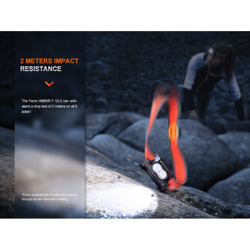 Fenix HM65RTV20BLC- LED Pritemdomas įkraunamas galvos žibintas LED/USB/2xCR123A IP68 3400 mAh juoda/oranžinė