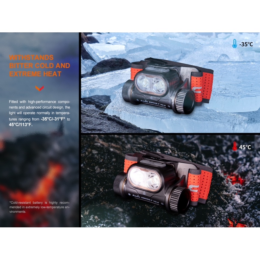 Fenix HM65RTV20BLC- LED Pritemdomas įkraunamas galvos žibintas LED/USB/2xCR123A IP68 3400 mAh juoda/oranžinė