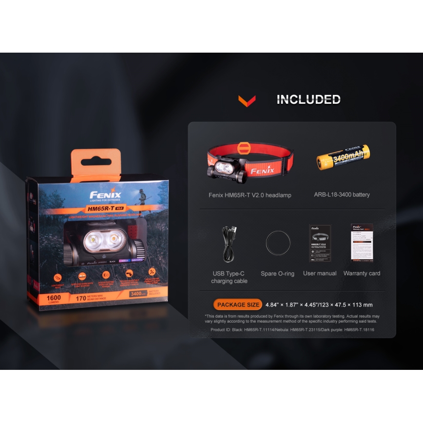 Fenix HM65RTV20BLC- LED Pritemdomas įkraunamas galvos žibintas LED/USB/2xCR123A IP68 3400 mAh juoda/oranžinė