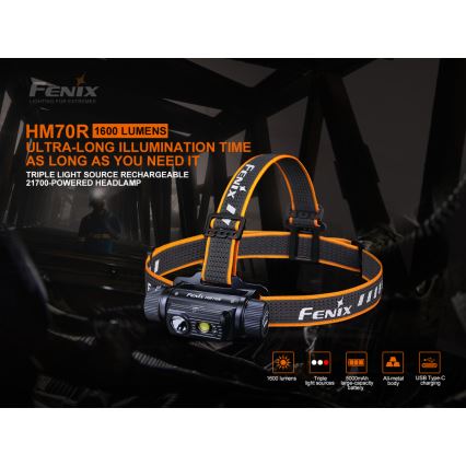 Fenix HM70R - LED pakraunamas žibintuvėlis ant galvos 4xLED/1x21700 IP68 1600 blizgus 800 h 5000 mAh