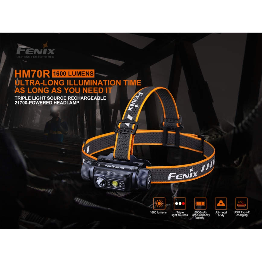 Fenix HM70R - LED pakraunamas žibintuvėlis ant galvos 4xLED/1x21700 IP68 1600 blizgus 800 h 5000 mAh