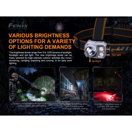 Fenix HP16R1250 - LED pakraunamas žibintuvėlis ant galvos 3xLED/USB 4xAA IP66 1250 lm 600 h 3000 mAh