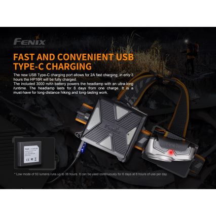 Fenix HP16R1250 - LED pakraunamas žibintuvėlis ant galvos 3xLED/USB 4xAA IP66 1250 lm 600 h 3000 mAh
