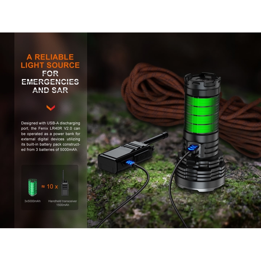 Fenix LR40RV20 - LED pakraunamas žibintuvėlis LED/USB IP68 15000 blizgus 177 h 5000 mAh