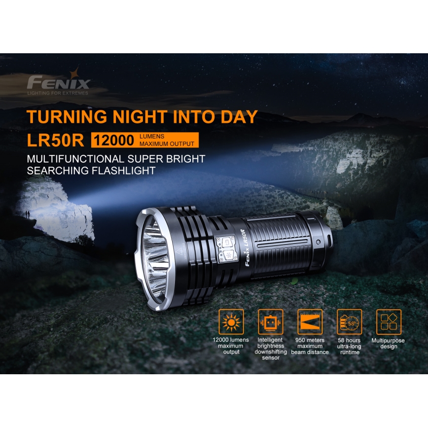 Fenix LR50R - LED Įkraunamas žibintuvėlis4xLED/USB IP68 12000 lm 58 valandos