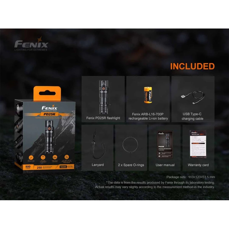 Fenix PD25R - LED pakraunamas žibintuvėlis LED/USB/1xCR123A IP68 800 lm 70 h 700 mAh
