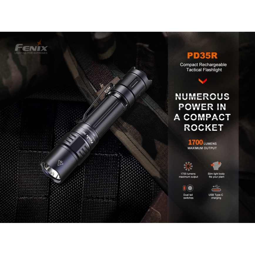 Fenix PD35R - LED pakraunamas žibintuvėlis LED/USB/2xCR123A IP68 1700 lm 100 h 3400 mAh