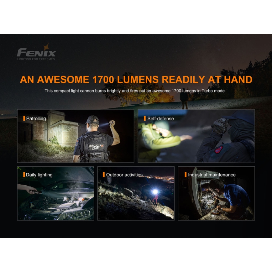 Fenix PD35V30 - LED pakraunamas žibintuvėlis LED/USB/2xCR123A IP68 1700 blizgus 230 h 2600 mAh