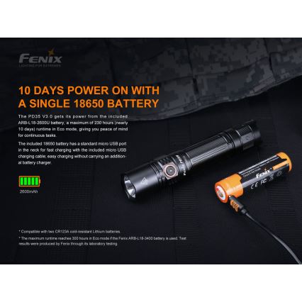 Fenix PD35V30 - LED pakraunamas žibintuvėlis LED/USB/2xCR123A IP68 1700 blizgus 230 h 2600 mAh