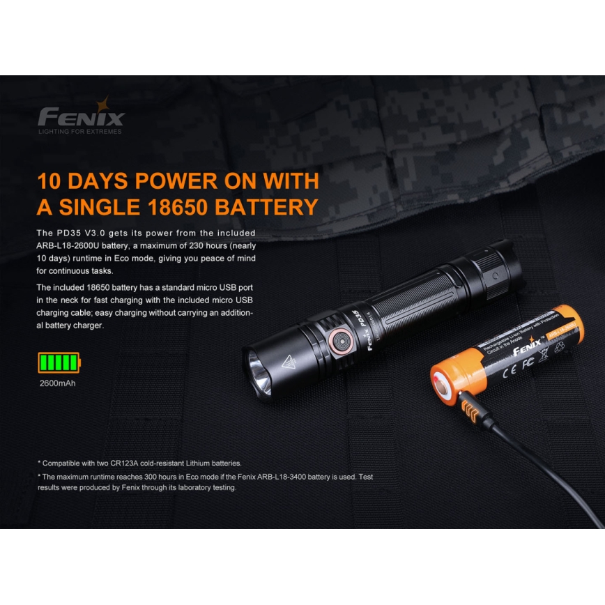 Fenix PD35V30 - LED pakraunamas žibintuvėlis LED/USB/2xCR123A IP68 1700 blizgus 230 h 2600 mAh
