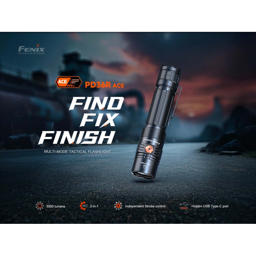 Fenix PD36RACE - reguliuojamo ryškumo įkraunamas LED žibintas LED/USB 5000 mAh IP68 3000 lm 63,45 h juodas