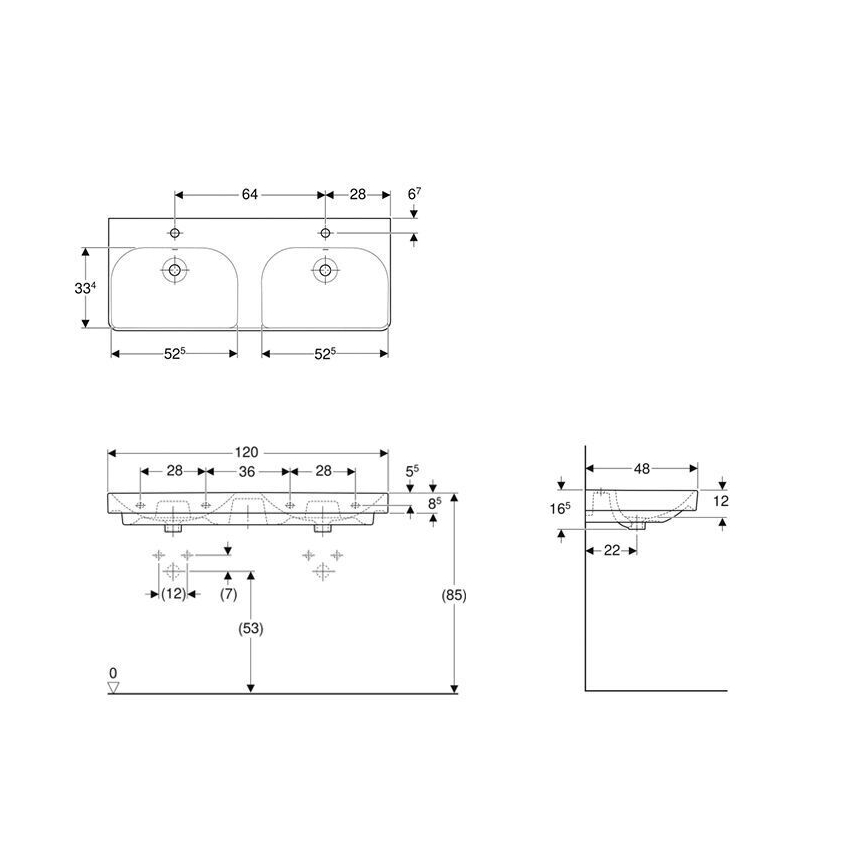Geberit 500.223.01.1 - Pakabinamas dvigubas praustuvas Smyle Square 120x48 cm keramika/balta