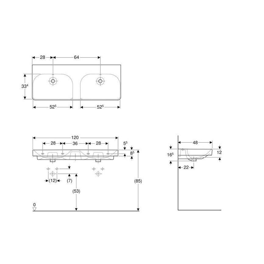 Geberit 500.224.01.1 - Pakabinamas dvigubas praustuvas Smyle Square 120x48 cm keramika/balta