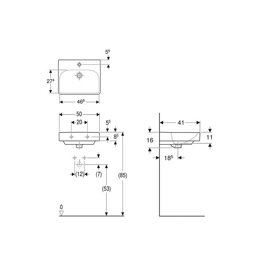 Geberit 500.256.01.1 - Pakabinamas praustuvas Smyle Square 50x41 cm keramika/balta