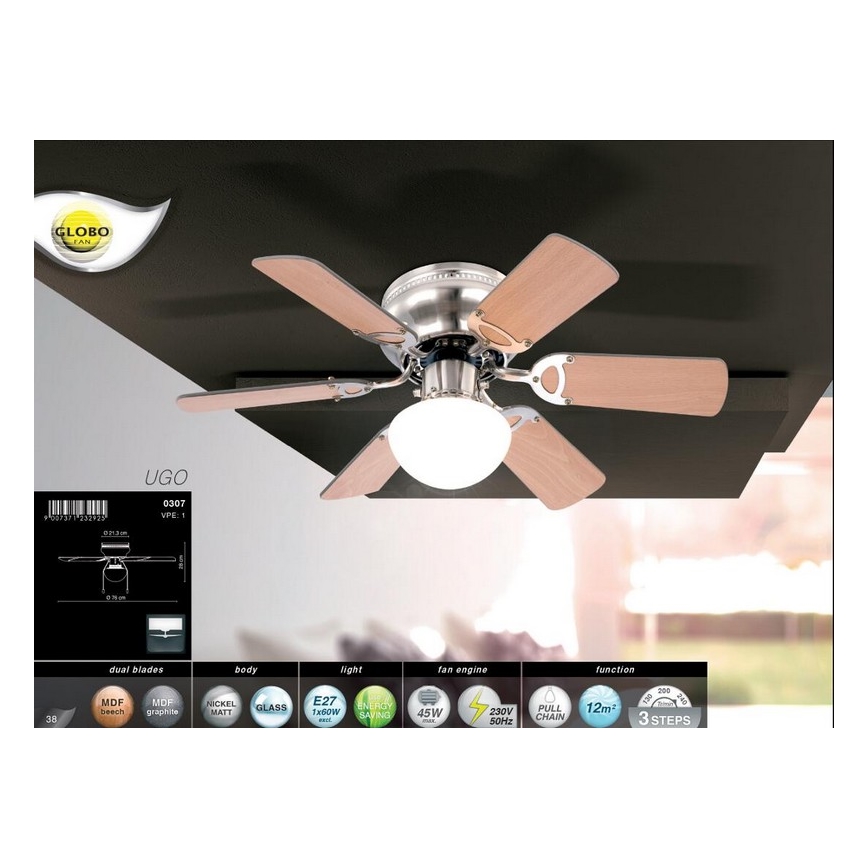 Globo 0307 - Lubinis ventiliatorius UGO 1xE27/60W/230V