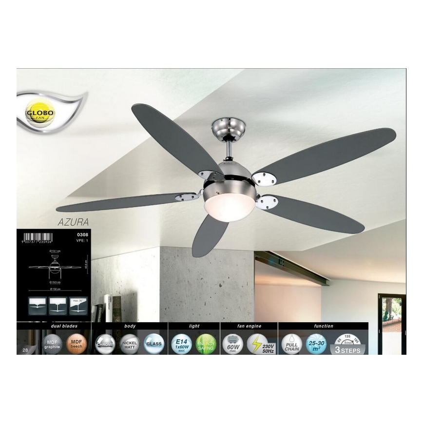 Globo 0308 - Lubinis ventiliatorius AZURA 1xE14/60W/230V