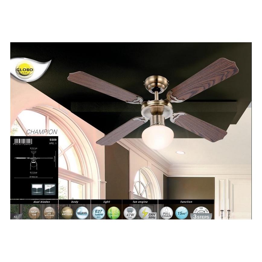 Globo 0309 - Lubinis ventiliatorius CHAMPION 1xE27/60W/230V