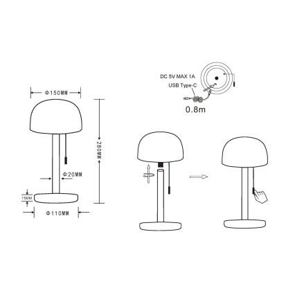 Globo - LED Įkraunamas Stalinis šviestuvas LED/1,5W/3,7V 3000/4200/6000K 1800mAh juoda
