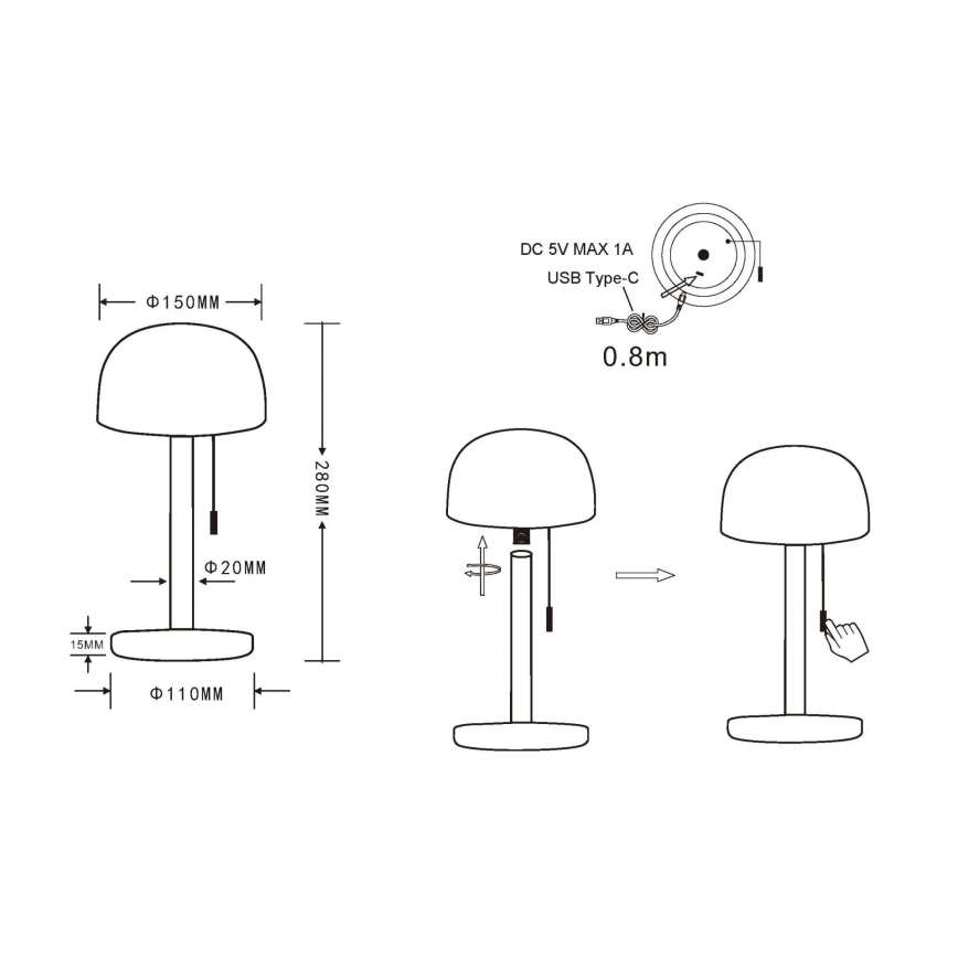 Globo - LED Įkraunamas Stalinis šviestuvas LED/1,5W/3,7V 3000/4200/6000K 1800mAh juoda