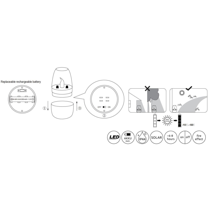 Globo - LED apšvietimas, įkraunamas saulės energija LED/0,02W/1,2V 1800K IP44 300 mAh