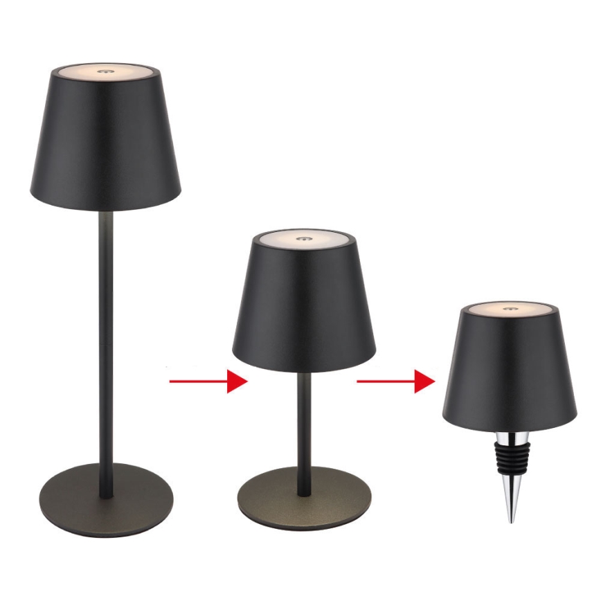 Globo - reguliuojama jutiklinė įkraunama lauko stalinė LED lempa 3 viename LED/3W/5V 3000/4000/5000K IP54 1800 mAh juoda