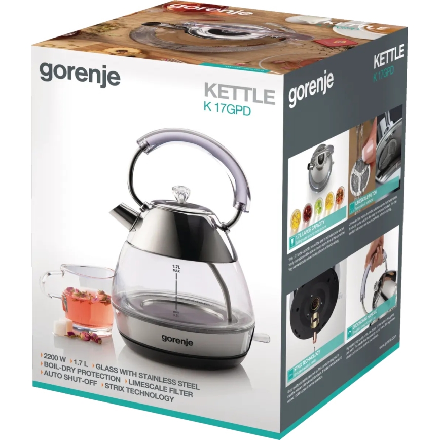 GORENJE K17GPD - Greitai užverdantis elektrinis virdulys 1,7 l 2200W/230V stiklinis/nerūdijančio plieno