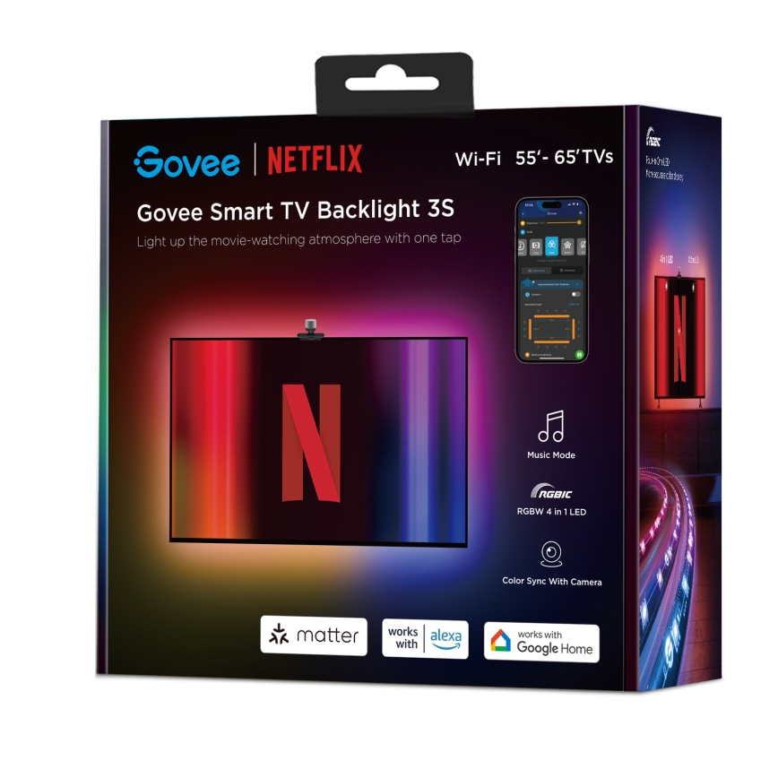 Govee - Backlight 3S Netflix TV 55-65" SMART LED foninis apšvietimas RGBICW Wi-Fi + nuotolinio valdymo pultas