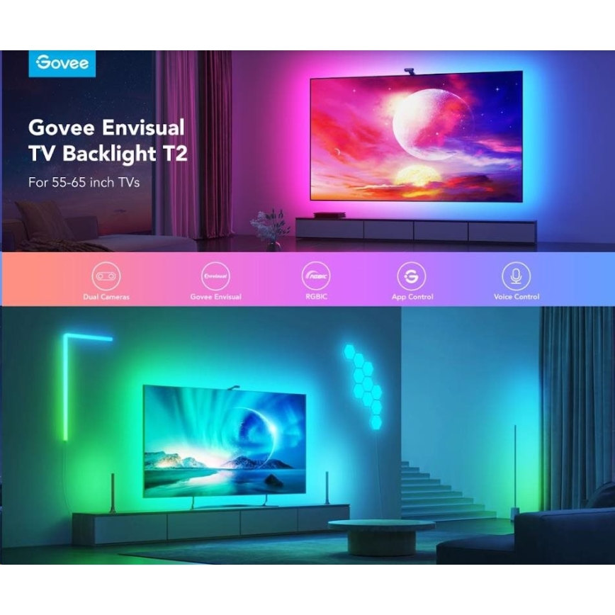 Govee - DreamView T2 DUAL TV 55-65" SMART LED foninis apšvietimas RGBIC Wi-Fi + nuotolinio valdymo pultas