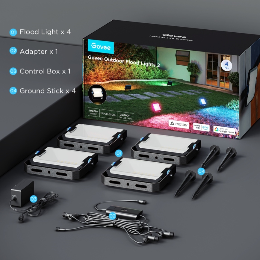 Govee - Komplektas 4 vnt. LED RGBICWW reguliuojamas prožektorius LED/24W/230V IP66 Matter Wi‑Fi