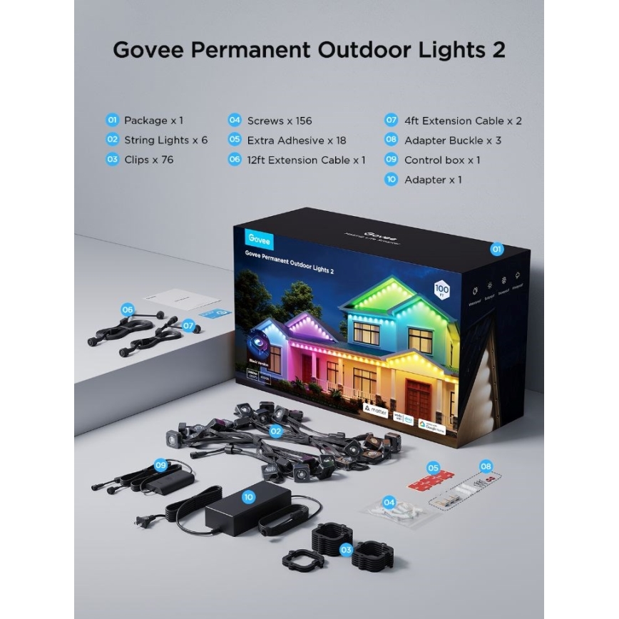 Govee - LED RGBIC 30m girlianda su įleidžiamais šviestuvais, Wi-Fi, Matter, IP67