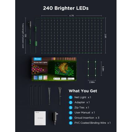 Govee - LED RGBIC Lauko apšvietimo tinklas 143x85cm Wi-Fi Matter IP65