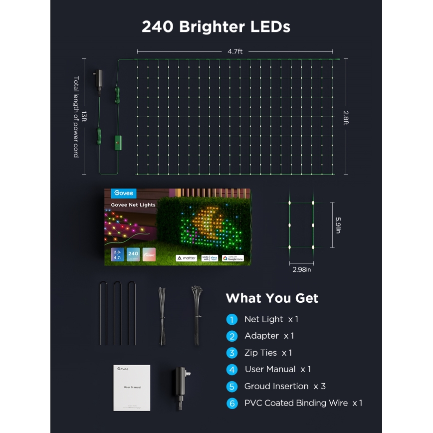 Govee - LED RGBIC Lauko apšvietimo tinklas 143x85cm Wi-Fi Matter IP65