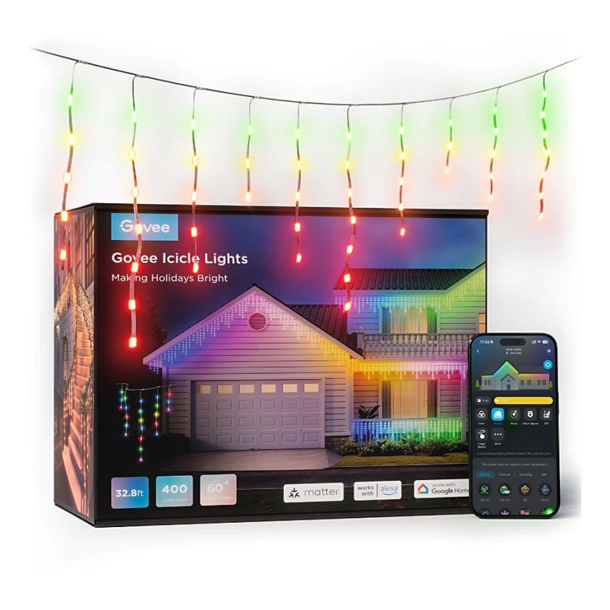 Govee - LED RGBIC Lauko girlianda Išmanus varvekliai 10m Wi-Fi Matter IP65