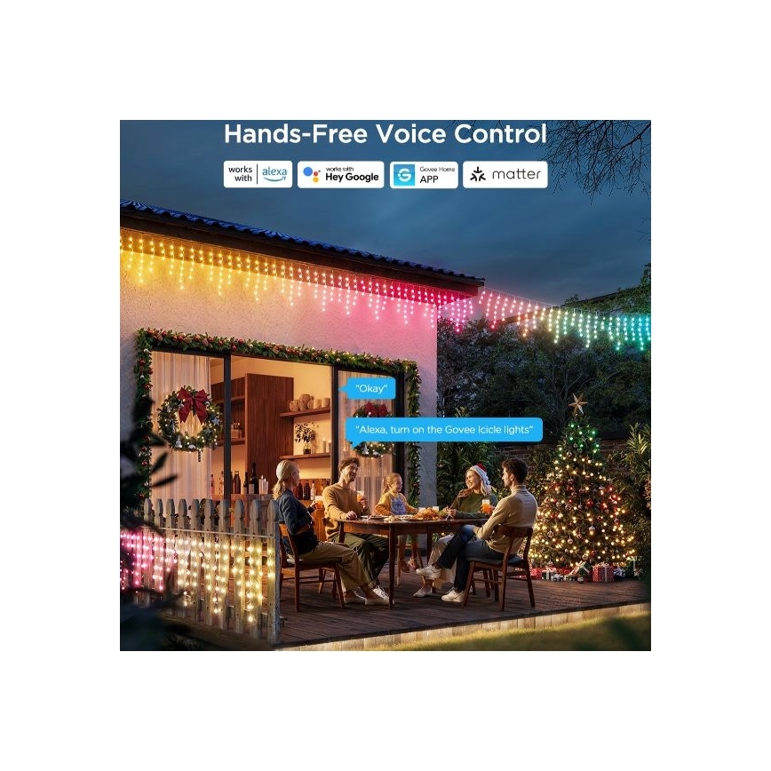 Govee - LED RGBIC Lauko girlianda Išmanus varvekliai 10m Wi-Fi Matter IP65
