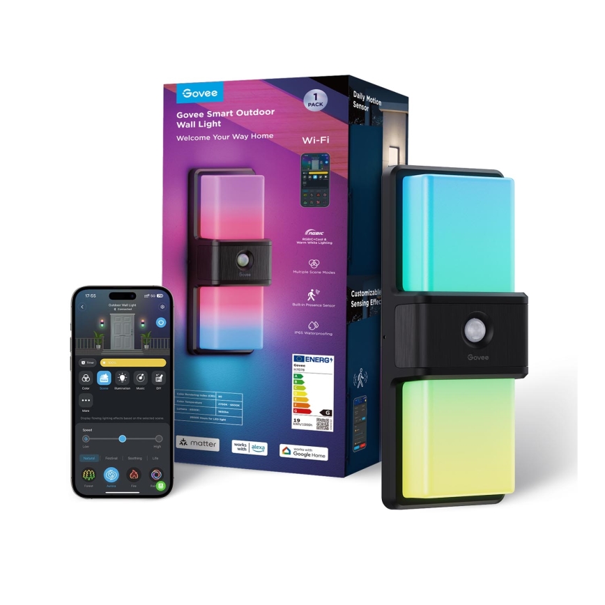 Govee - LED RGBIC Pritemdomas Lauko sieninis šviestuvas su jutikliu LED/230V IP65 2700-6500K Wi-Fi