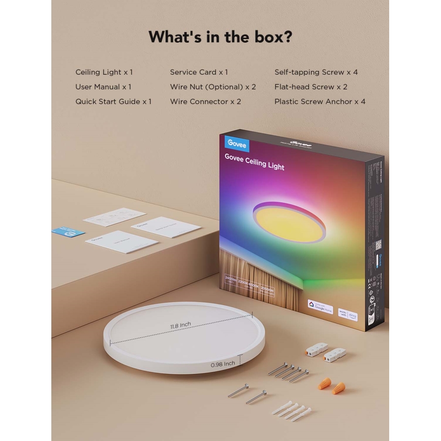 Govee - dimeriuojamas LED RGBICWW lubų šviestuvas, 29 W, 230 V, skersmuo 30 cm, Matter, Wi-Fi