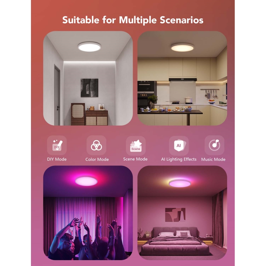 Govee - LED RGBICWW dimeriuojamas lubinis šviestuvas LED/29W/230V skers. 30 cm matinis Wi-Fi