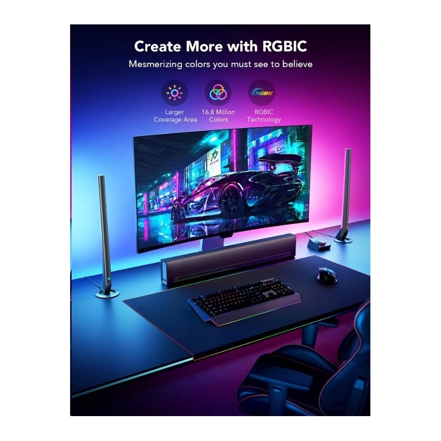 Govee - RINKINYS 2x Smart Gaming Wi-Fi LED RGBIC paneliai + Smart Dual juoda + nuotolinio valdymo pultas