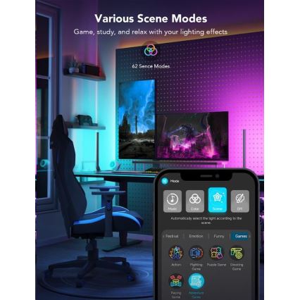 Govee - RINKINYS 2x Smart Gaming Wi-Fi LED RGBIC paneliai + Smart Dual juoda + nuotolinio valdymo pultas