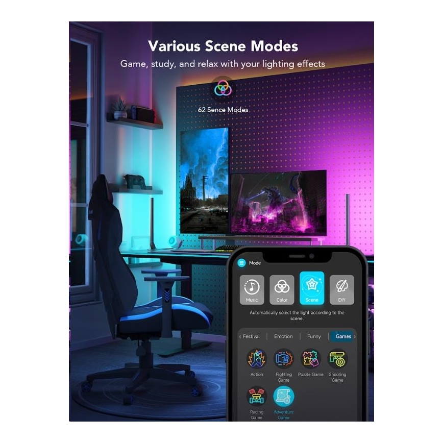 Govee - RINKINYS 2x Smart Gaming Wi-Fi LED RGBIC paneliai + Smart Dual juoda + nuotolinio valdymo pultas