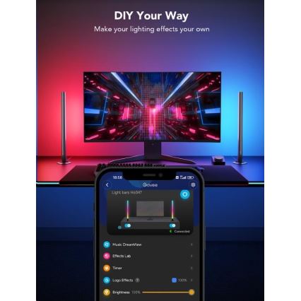 Govee - RINKINYS 2x Smart Gaming Wi-Fi LED RGBIC paneliai + Smart Dual juoda + nuotolinio valdymo pultas