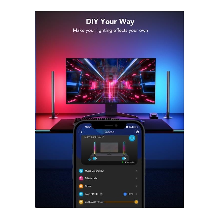 Govee - RINKINYS 2x Smart Gaming Wi-Fi LED RGBIC paneliai + Smart Dual juoda + nuotolinio valdymo pultas