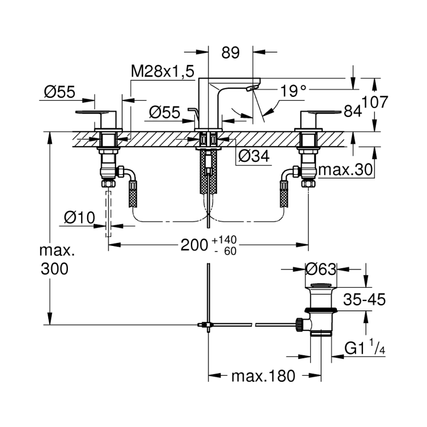 GROHE 20187000 - praustuvo trijų skylių maišytuvas EUROSMART COSMOPOLITAN DN 15 chromuotas