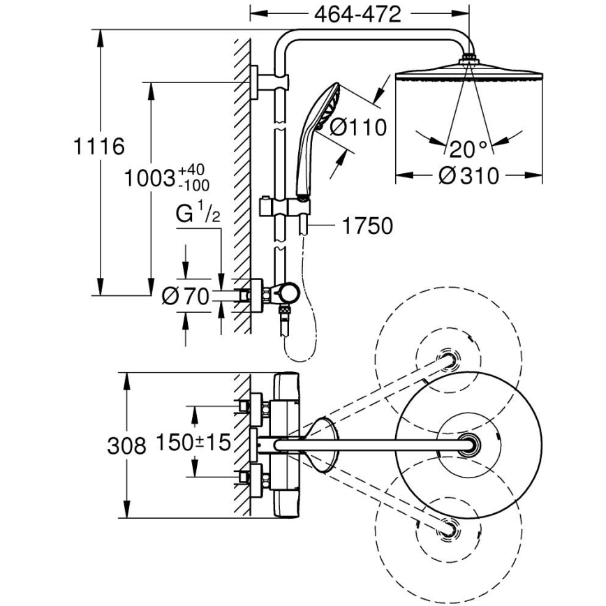 GROHE 26400001 - VITALIO JOY SYSTEM 310 dušo sistema 450 mm blizgus chromas