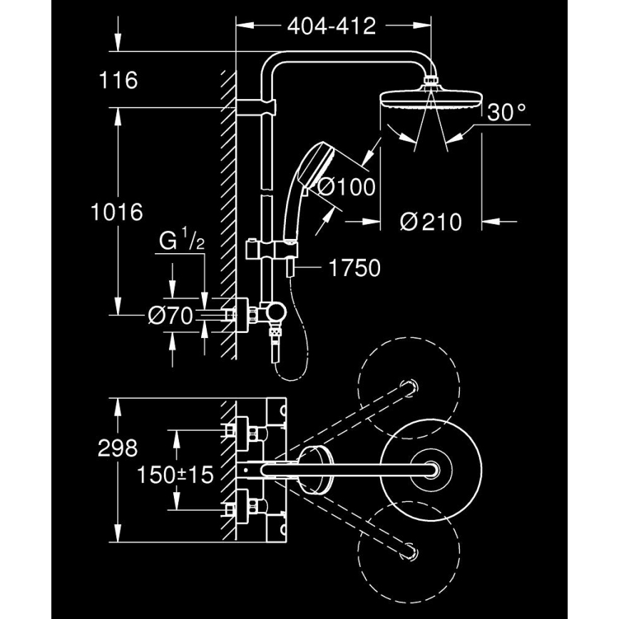 GROHE 27922001 - dušo komplektas su termostatiniu maišytuvu TEMPESTA COSMOPOLITAN 210 blizgus chromas
