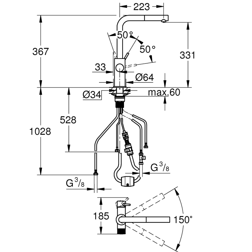GROHE 30601DC0 - Kriauklės maišytuvas BLUE PURE su ištraukiama galvute, nerūdijančio plieno