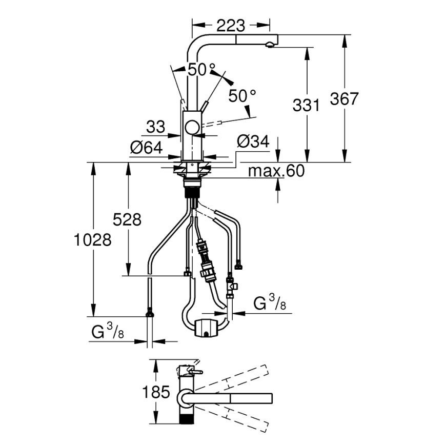 GROHE 30601DC0 - Virtuvinis maišytuvas BLUE PURE su ištraukiamu snapu, iš nerūdijančio plieno