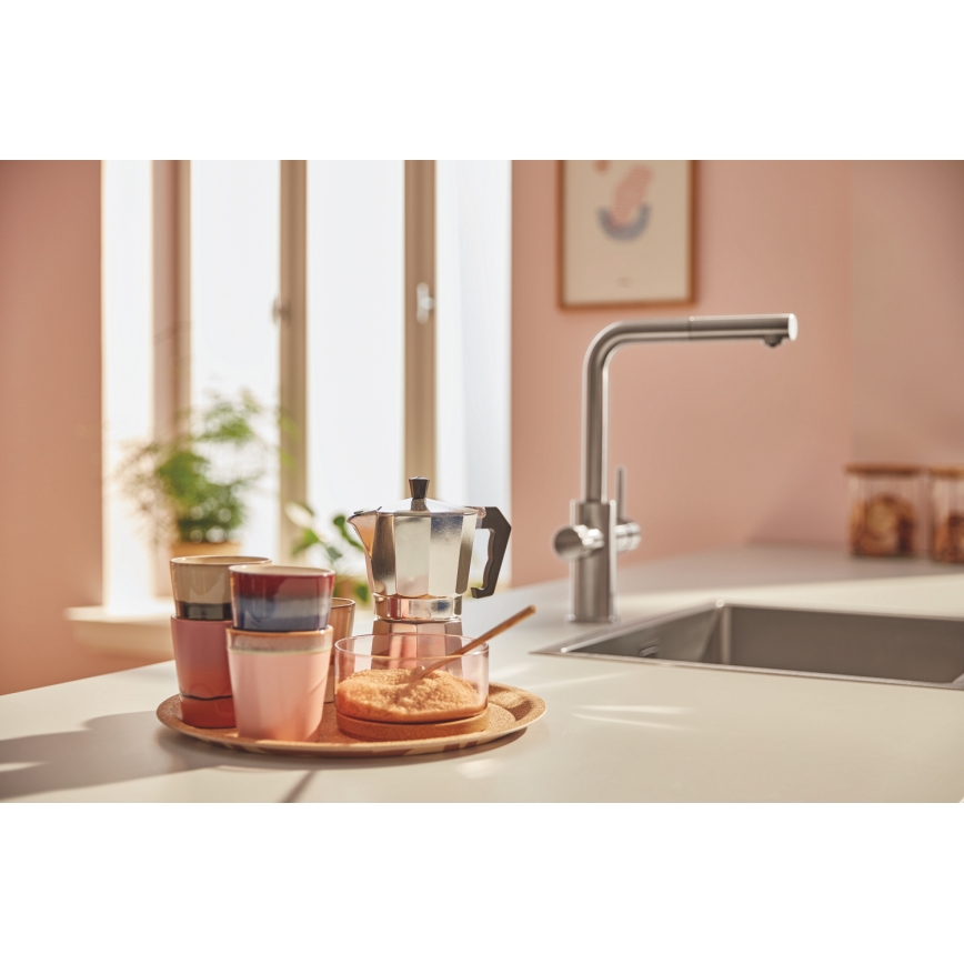 GROHE 30601DC0 - Virtuvinis maišytuvas BLUE PURE su ištraukiamu snapu, iš nerūdijančio plieno